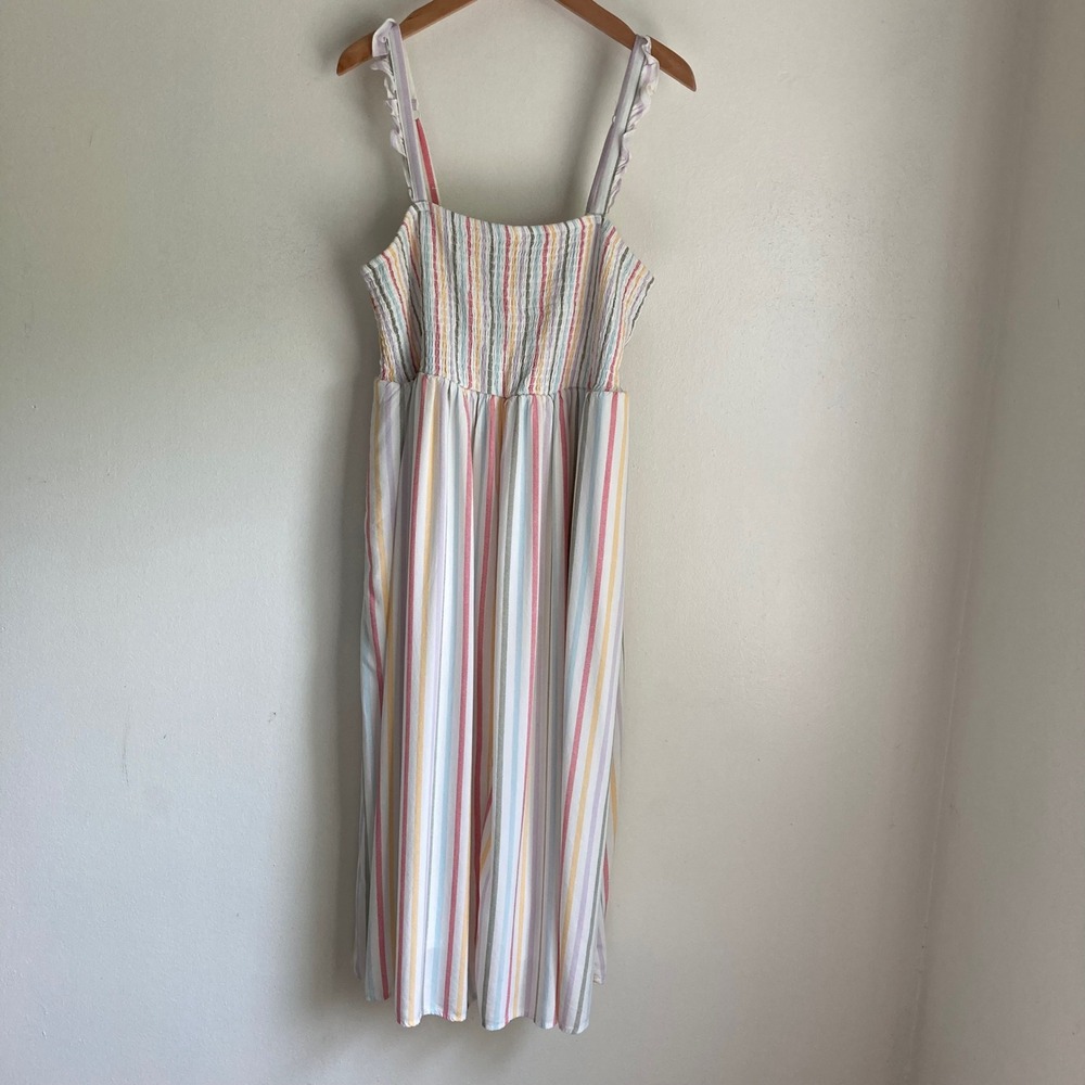 Torrid Womens Plus Size 1 Pastel Rainbow Stripe Smocked Midi Dress Ruffle Straps